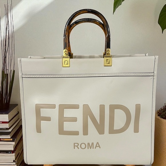 Fendi Roma Large Sunshine Shopper Logo Tote Bag Ivory Leather Tortoise Handles - Picture 1 of 16